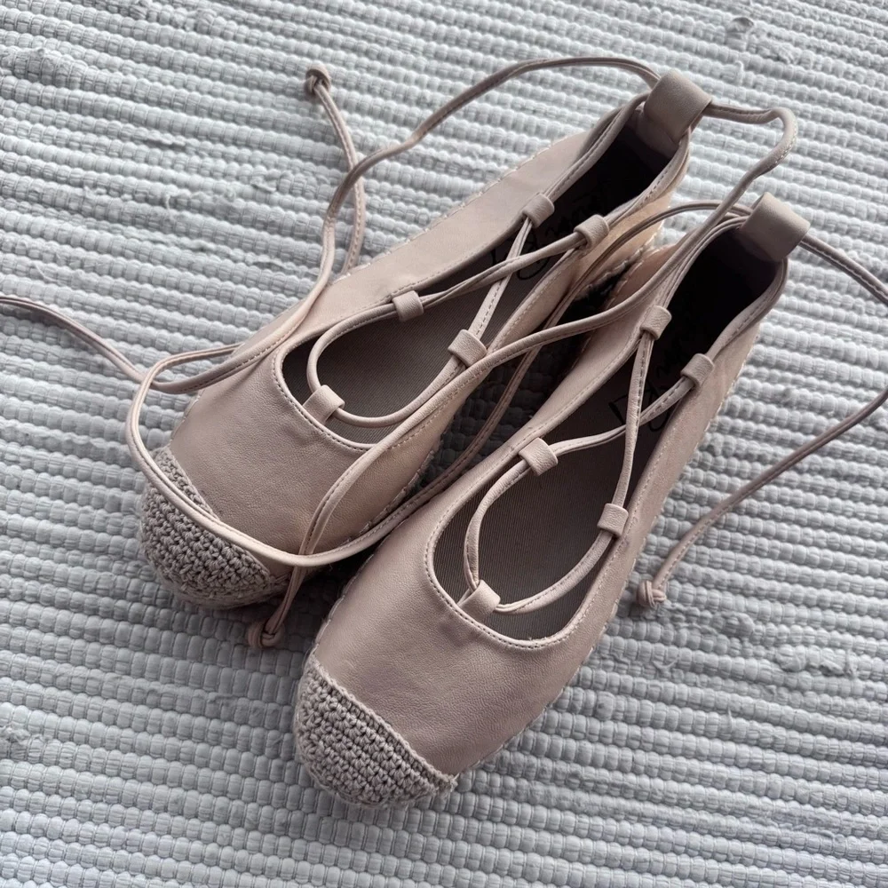 London Rag Lace Up Espadrille Platform Ballet Flats Beige Leather 9.5